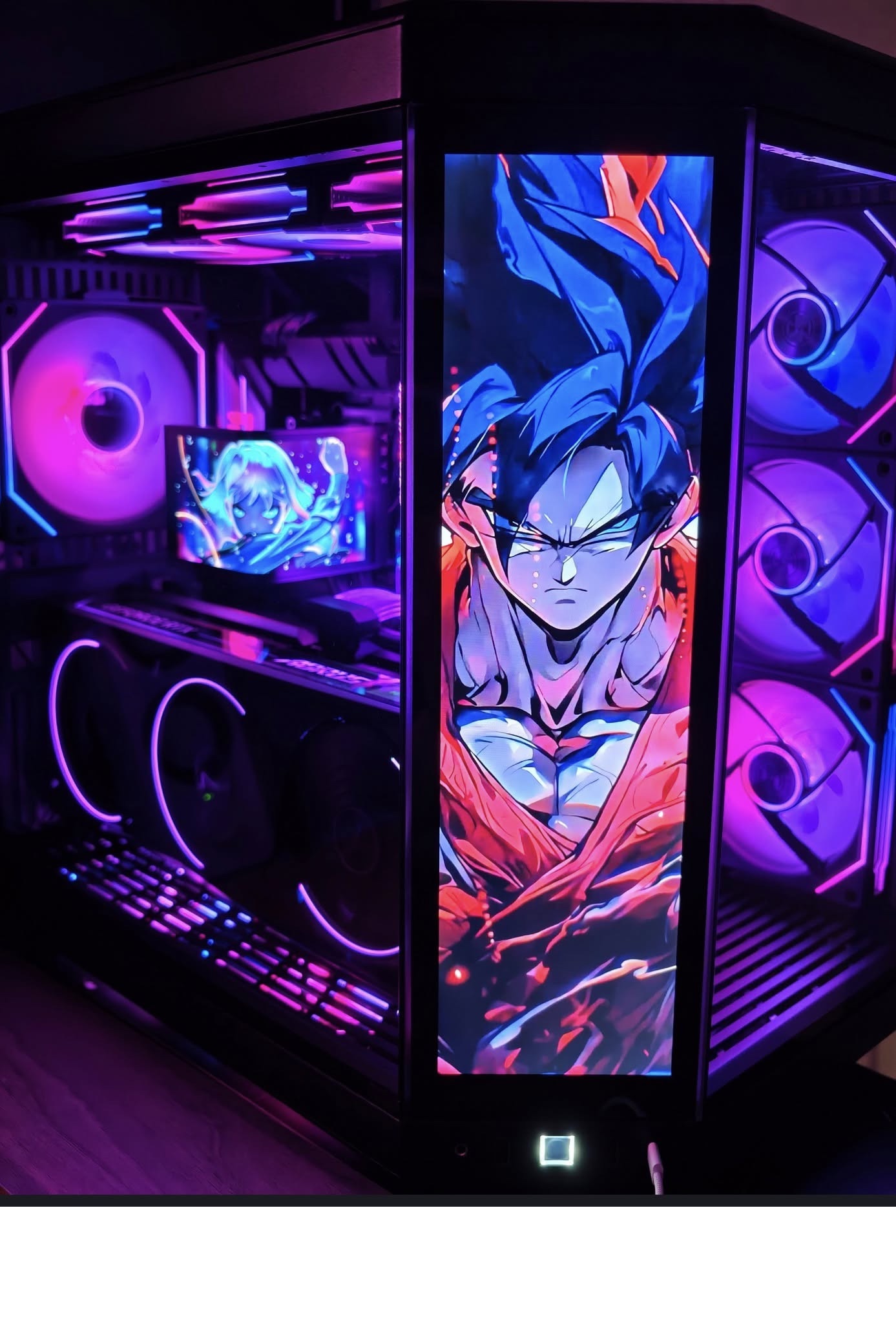 KCFPS custom gaming PC with purple RGB fans and an illuminated display